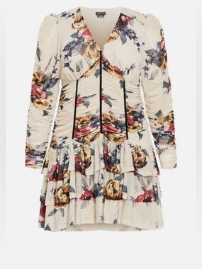 City Chic Cream Mesh Ruche Floral Print Dress Light Late Bloom Plus Sz S/16